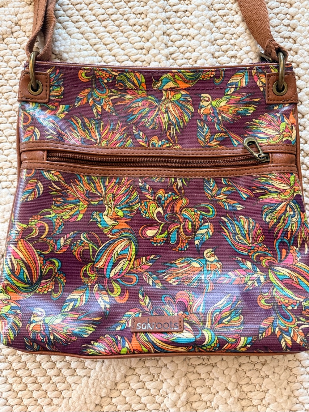 Sakroots Burgundy Crossbody with Multicolor Floral Bird Print
